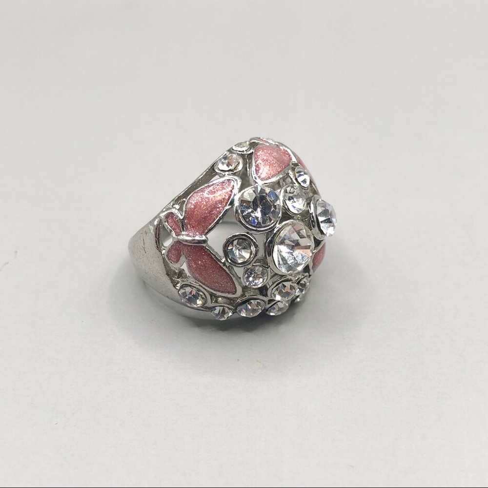 Silver Tone and Pink Butterfly Dome Rhinestone Chunky Fashion Ring Size 8